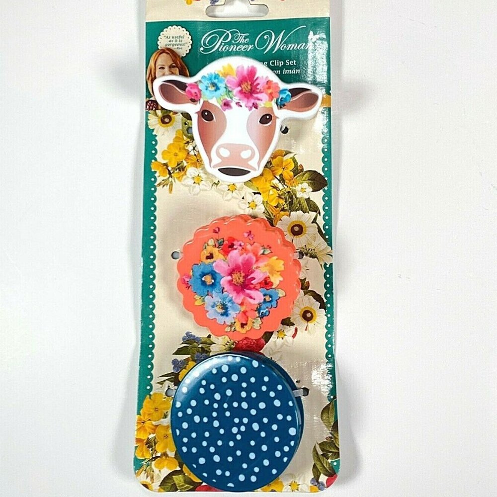 Pioneer Woman Magnetic Bag Clips 3pc Set Cow Floral Polka Dots Pink Teal New